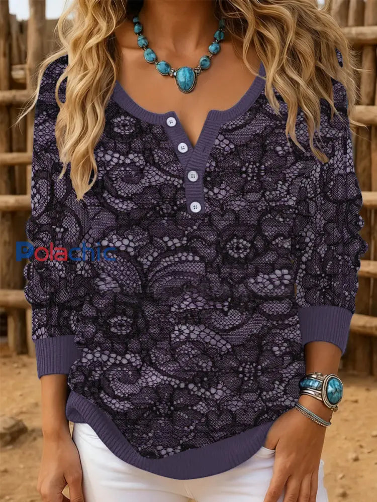 Top à manches longues à imprimé dentelle western vintage pour femmes pourpre profond / S