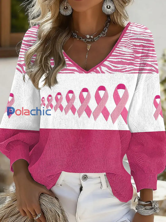 Top col V ruban rose cancer du sein femme Rose / S