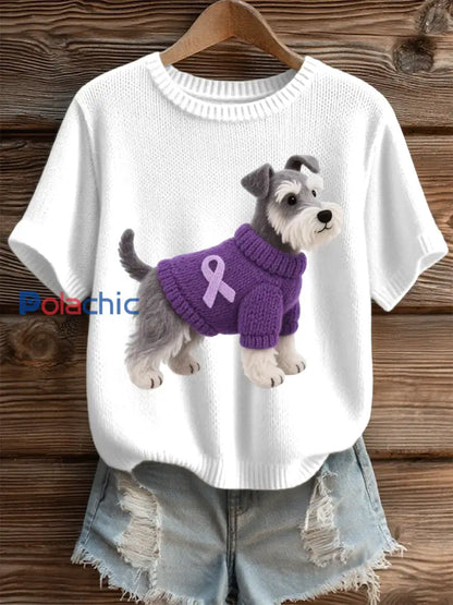 Top confortable en tricot à motif de schnauzer en feutre pour femmes blanc / S