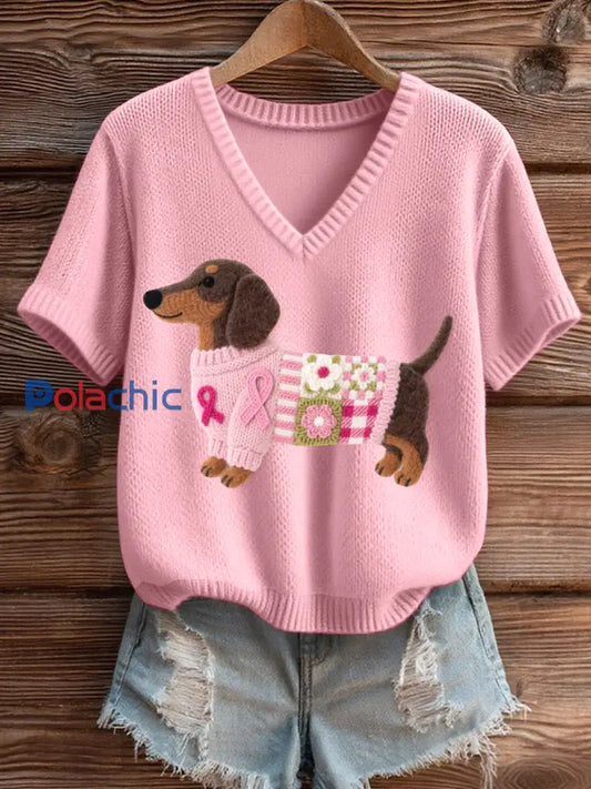 Top confortable en tricot à motif de teckel en feutre pour femmes Rose / S