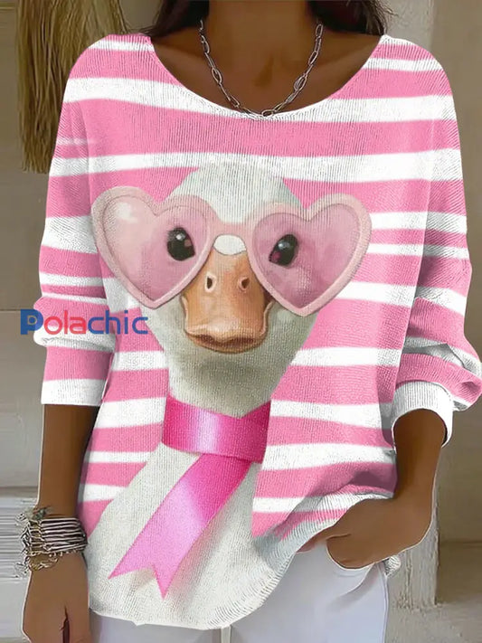 Top Côtelé Femme Rose Ruban Imprimé Animaux Col Rond comme image / S