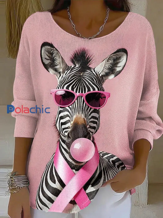 Top Côtelé Femme Rose Ruban Imprimé Animaux Col Rond comme image / S