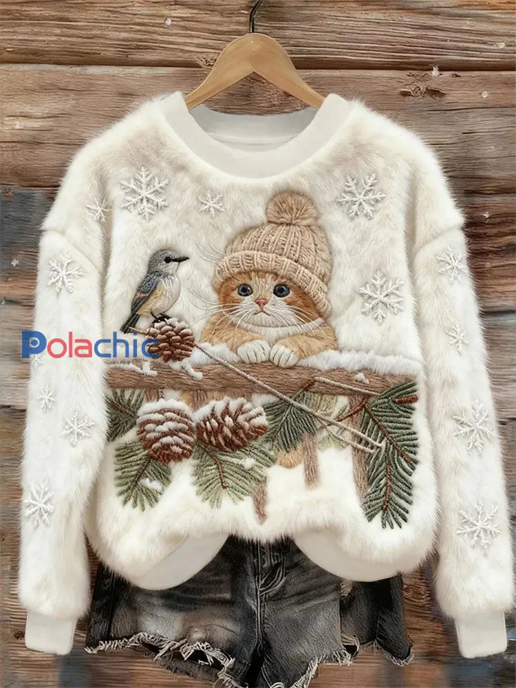 Top décontracté à imprimé chat pour femmes Blanc / S