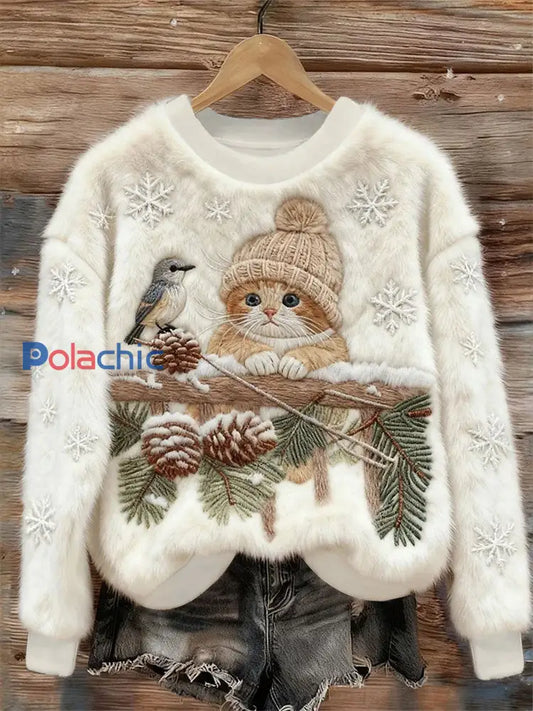 Top décontracté à imprimé chat pour femmes Blanc / S