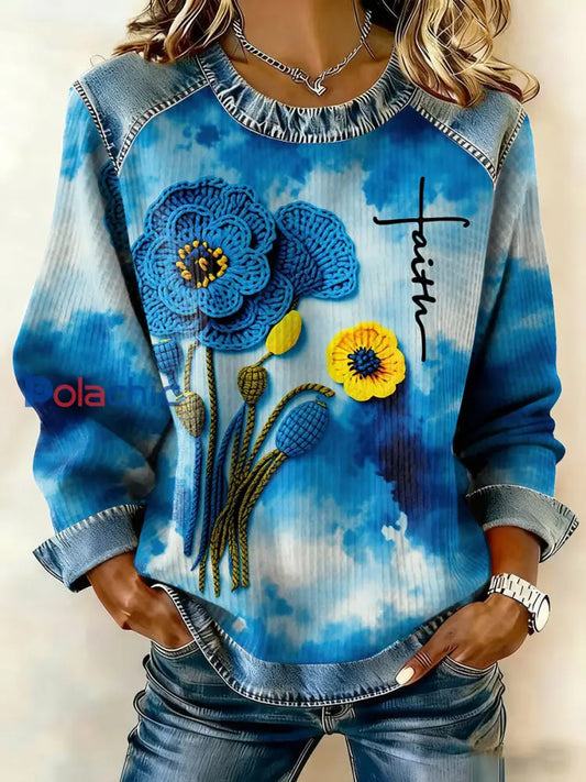 Top décontracté à imprimé croisé floral pour femmes Bleu / S