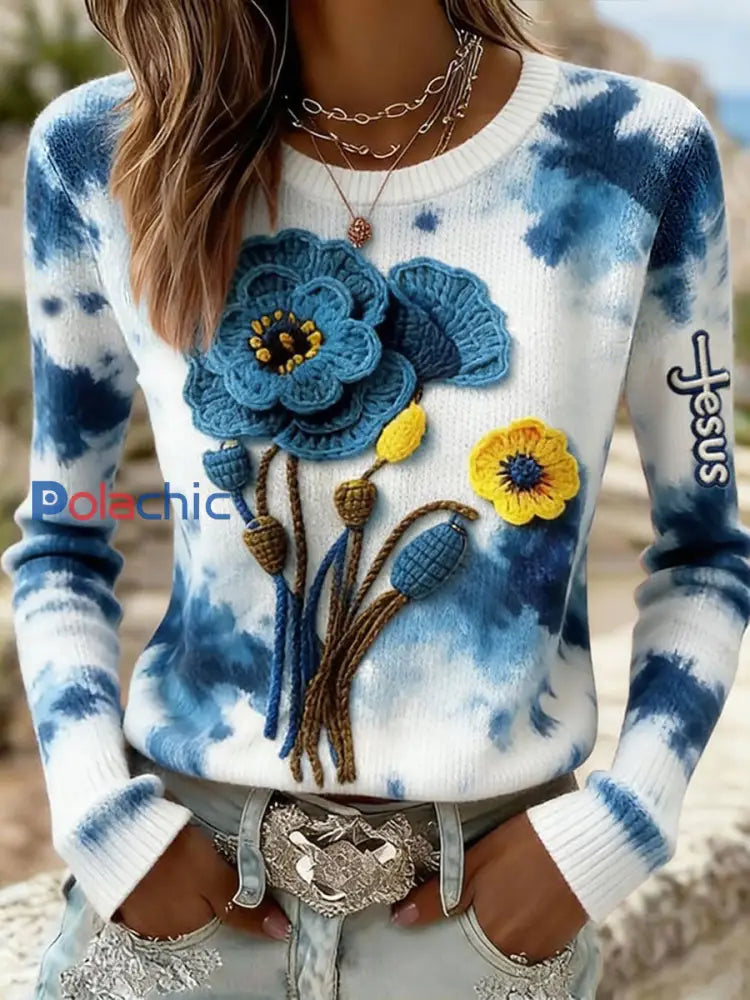 Top décontracté à imprimé croisé floral pour femmes Bleu / S