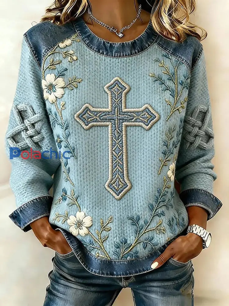 Top décontracté à imprimé croisé floral pour femmes Bleu / S