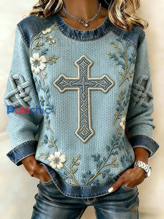 Top décontracté à imprimé croisé floral pour femmes Bleu / S