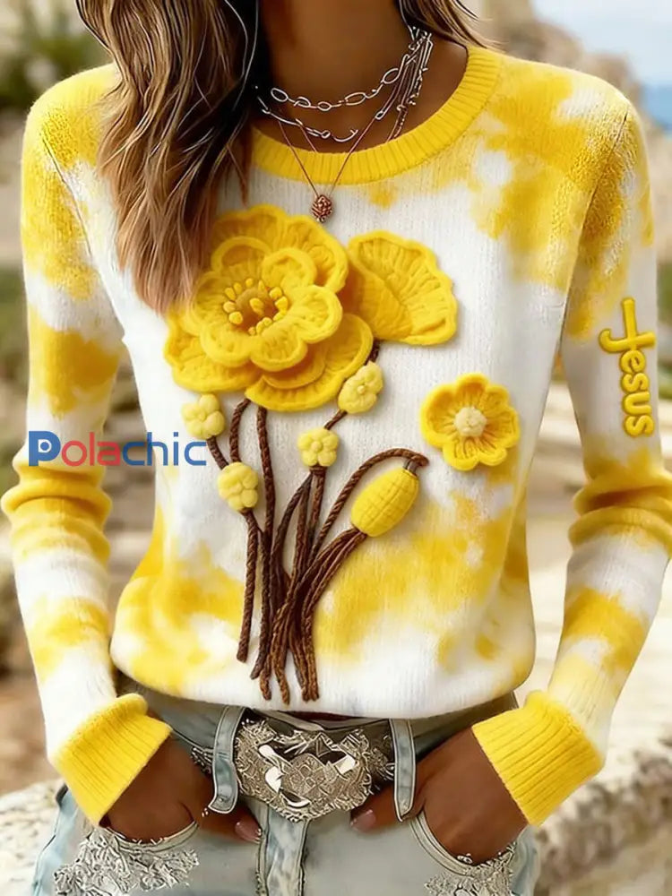 Top décontracté à imprimé croisé floral pour femmes Jaune / S
