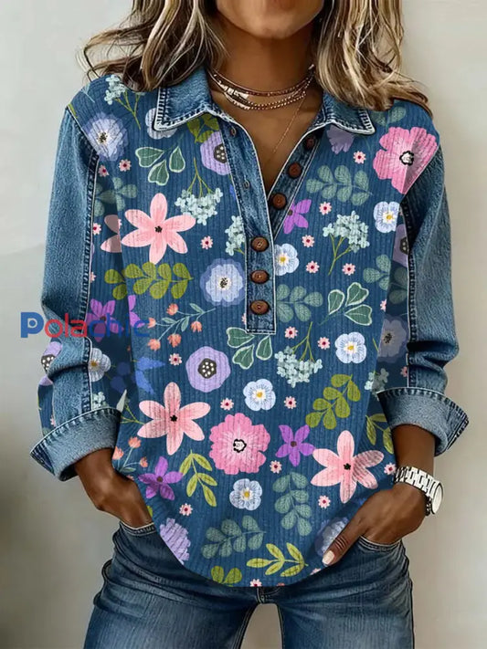 Top décontracté à imprimé floral vintage pour femmes comme image / S
