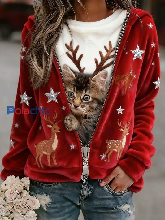 Top Décontracté en Flanelle Imprimé Art de Noël Animal Rétro Femme A / S
