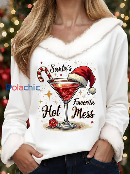 Top décontracté imprimé à col en fourrure pour femmes Drôle de Noël du père Noël Blanc / S