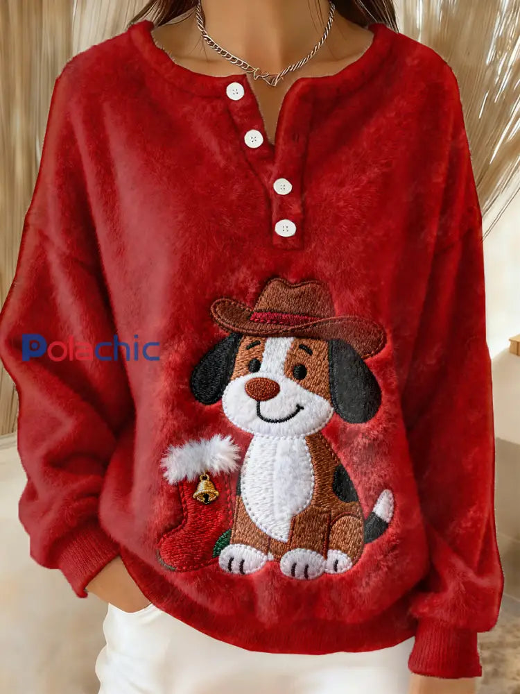 Top décontracté imprimé magnifique chien de Noël pour femmes comme image / S