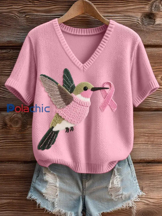 Top en tricot à col en V confortable à motif colibri pour femmes Rose / S