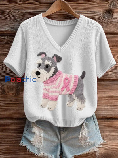 Top en tricot confortable à col en V pour femmes en feutre Art Schnauzer Pattern Blanc / S