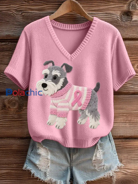 Top en tricot confortable à col en V pour femmes en feutre Art Schnauzer Pattern Rose / S