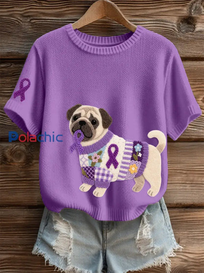 Top en tricot confortable à motif de carlin en feutre pour femmes violet / S