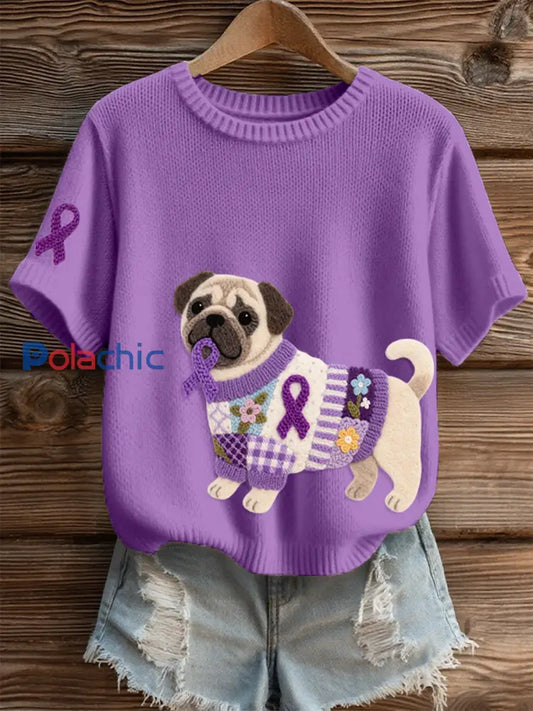 Top en tricot confortable à motif de carlin en feutre pour femmes violet / S