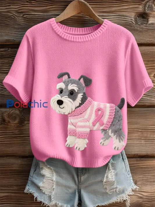Top en tricot confortable à motif de chien en feutre Schnauzer pour femmes Rose / S