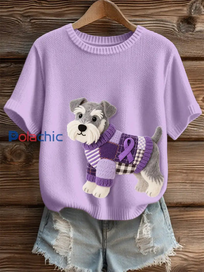 Top en tricot confortable à motif de chien en feutre Schnauzer pour femmes violet clair / S