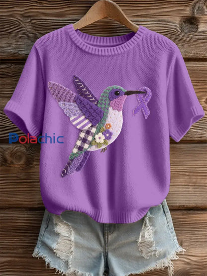 Top en tricot confortable à motif de colibri en feutre pour femmes violet / S
