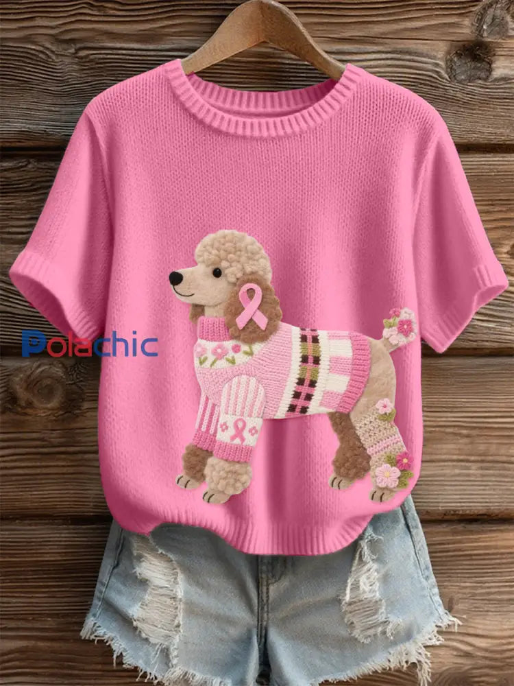 Top en tricot confortable pour femmes en feutre art caniche motif chien Rose / S