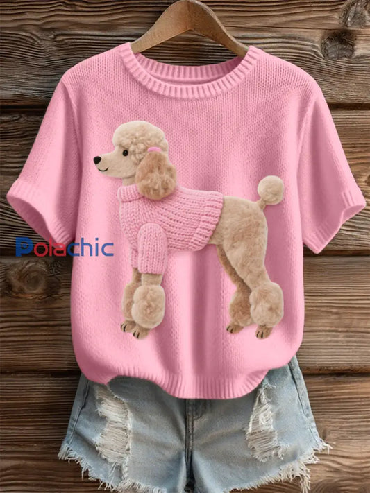 Top en tricot confortable pour femmes en feutre art caniche motif chien Rose / S