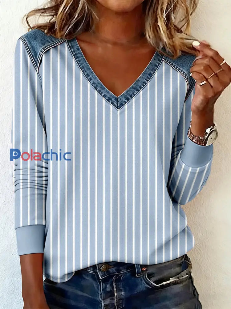Top Femme Bleu Motif Rayé Patchwork Art Col V comme image / S