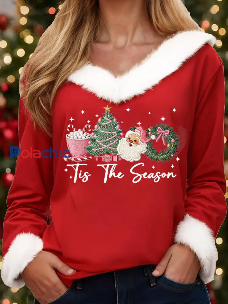 Top Femme Joyeux Noël Père Noël Imprimé Décontracté Col En Fourrure Rouge / S