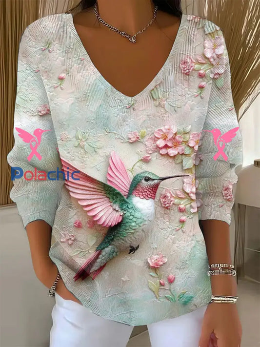 Top Femme Rose Colibri Imprimé Col En V Sensibilisation Au Cancer Du Sein comme image / S