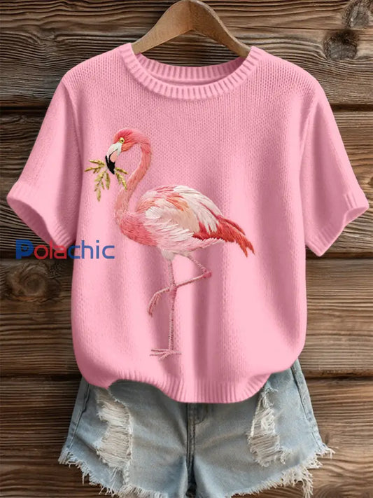 Top Femme Rose Flamant Brodé Cozy En Tricot Rose / S