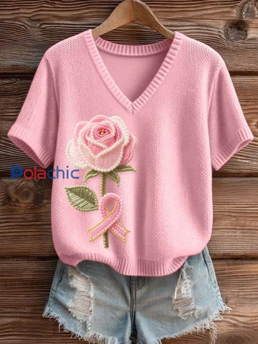 Top Femme Rose Floral Perlé Art Col V En Tricot Rose / S