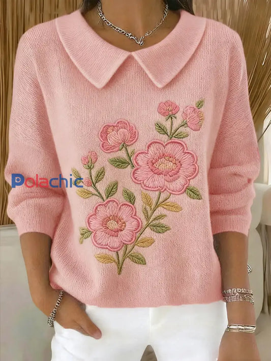 Top Femme Rose Imprimé Floral Bébé Col De Poupée Rose / S