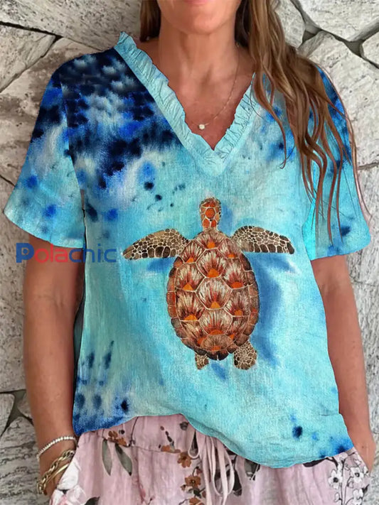 Top Femme Sea Turtle Print à Col en V Bleu / S