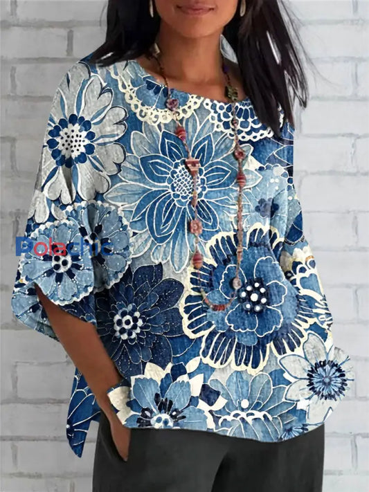 Top floral botanique femme en coton et lin Bleu / S