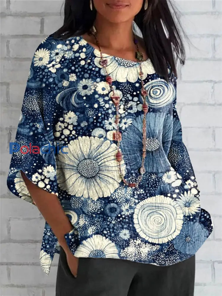 Top floral botanique femme en coton et lin Bleu / S