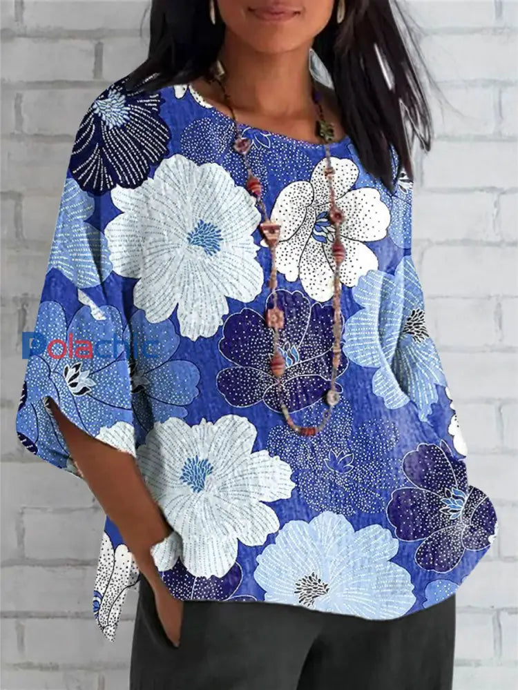 Top floral botanique femme en coton et lin Bleu / S