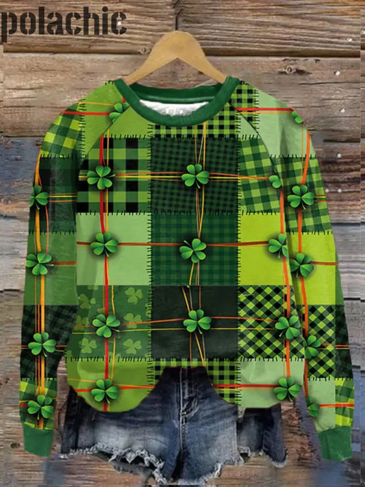 Trèfle À Quatre Feuilles De Jour Rétro La Saint Patrick Imprimer Mode Col Rond Pull Manches