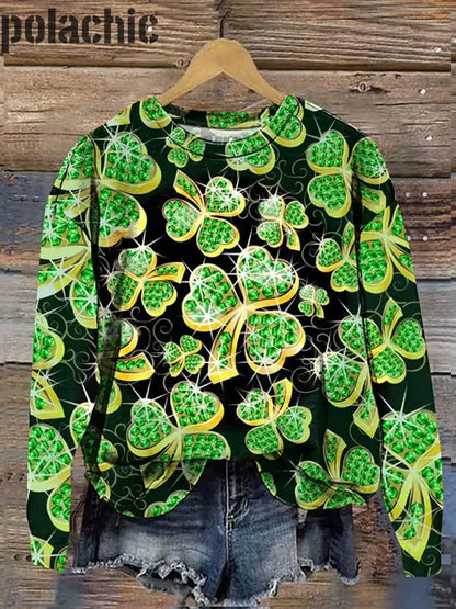 Trèfle À Quatre Feuilles De Jour Rétro La Saint Patrick Imprimer Mode Col Rond Pull Manches