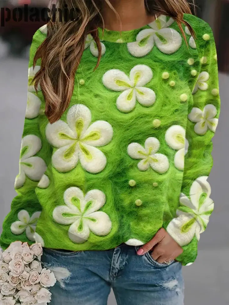 Trèfle À Quatre Feuilles Imprimé La Mode Col Rond Pull Manches Longues Vintage St. Patrick