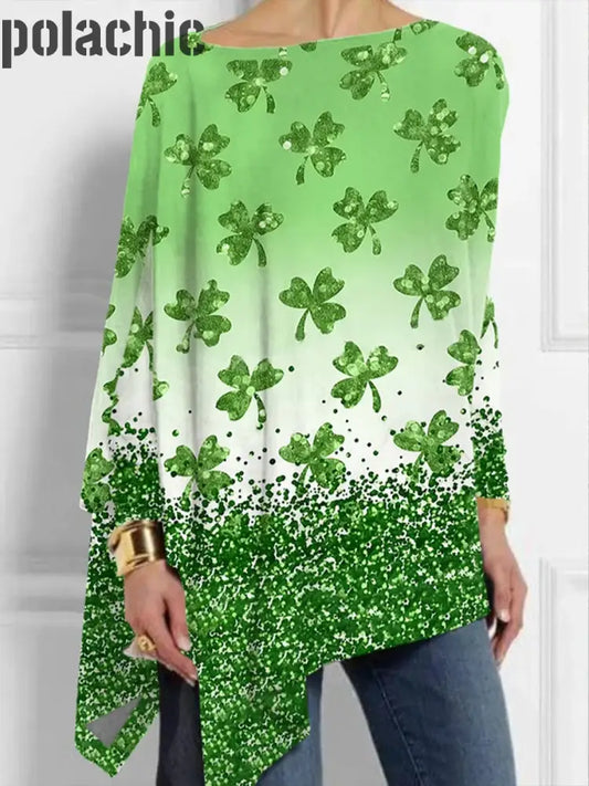 Trèfle À Quatre Feuilles Imprimé La Mode Slanted Pullover Top Manches Longues Vintage Saint-Patrick