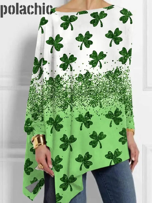 Trèfle À Quatre Feuilles Imprimé La Mode Slanted Pullover Top Manches Longues Vintage Saint-Patrick