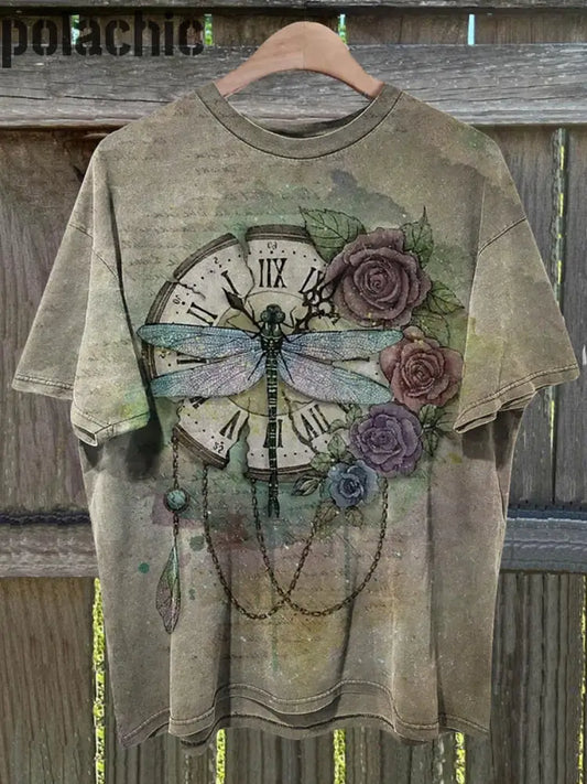 Unisex Vintage Dragonfly Art Print Crew Neck T-Shirt À Manches Courtes