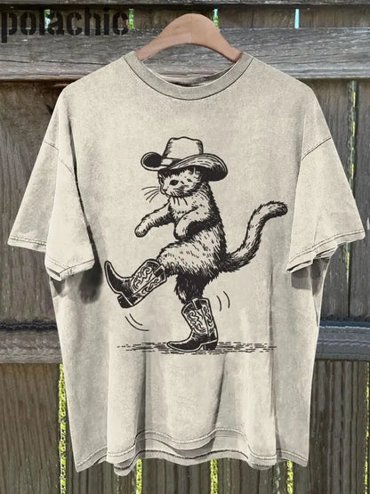 Unisex Western Cat Art Print T-Shirt Ras Du Cou À Manches Courtes A / S