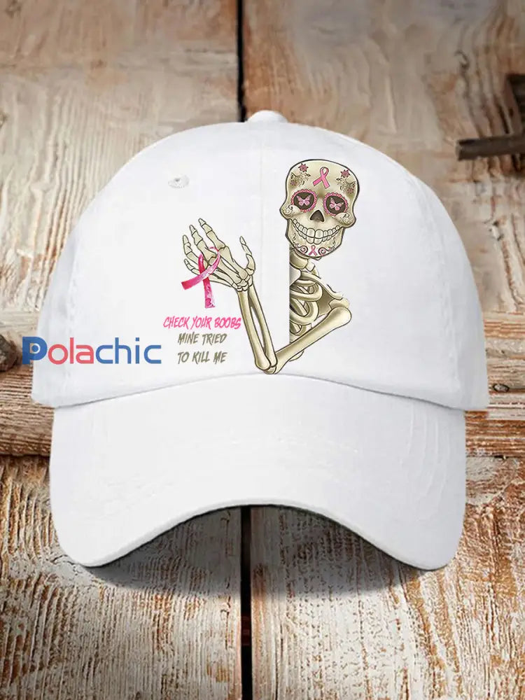 Unisexe drôle cancer du sein Awarenessd crâne vérifier vos seins mine essayé de me tuer imprimer casquette de baseball