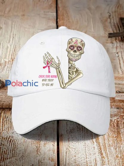 Unisexe drôle cancer du sein Awarenessd crâne vérifier vos seins mine essayé de me tuer imprimer casquette de baseball