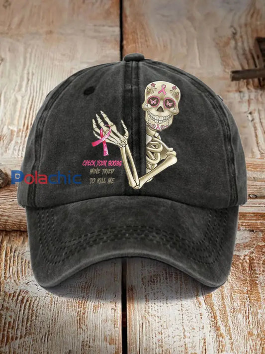 Unisexe drôle cancer du sein Awarenessd crâne vérifier vos seins mine essayé de me tuer imprimer casquette de baseball