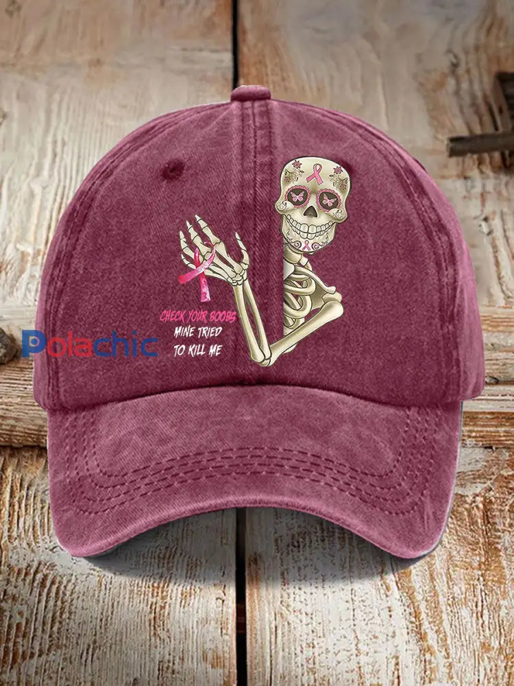 Unisexe drôle cancer du sein Awarenessd crâne vérifier vos seins mine essayé de me tuer imprimer casquette de baseball