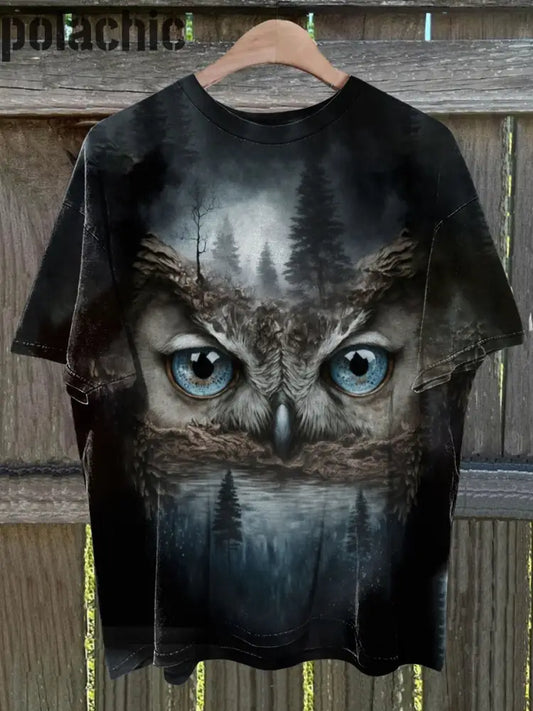 Unisexe Retro Owl Eye Art Imprimer Col Rond T-Shirt Manches Courtes