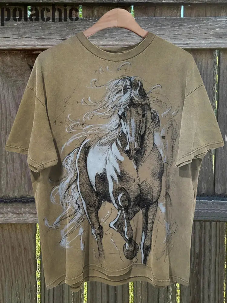 Unisexe Western White Horse Art Print Crew Neck T-Shirt À Manches Courtes